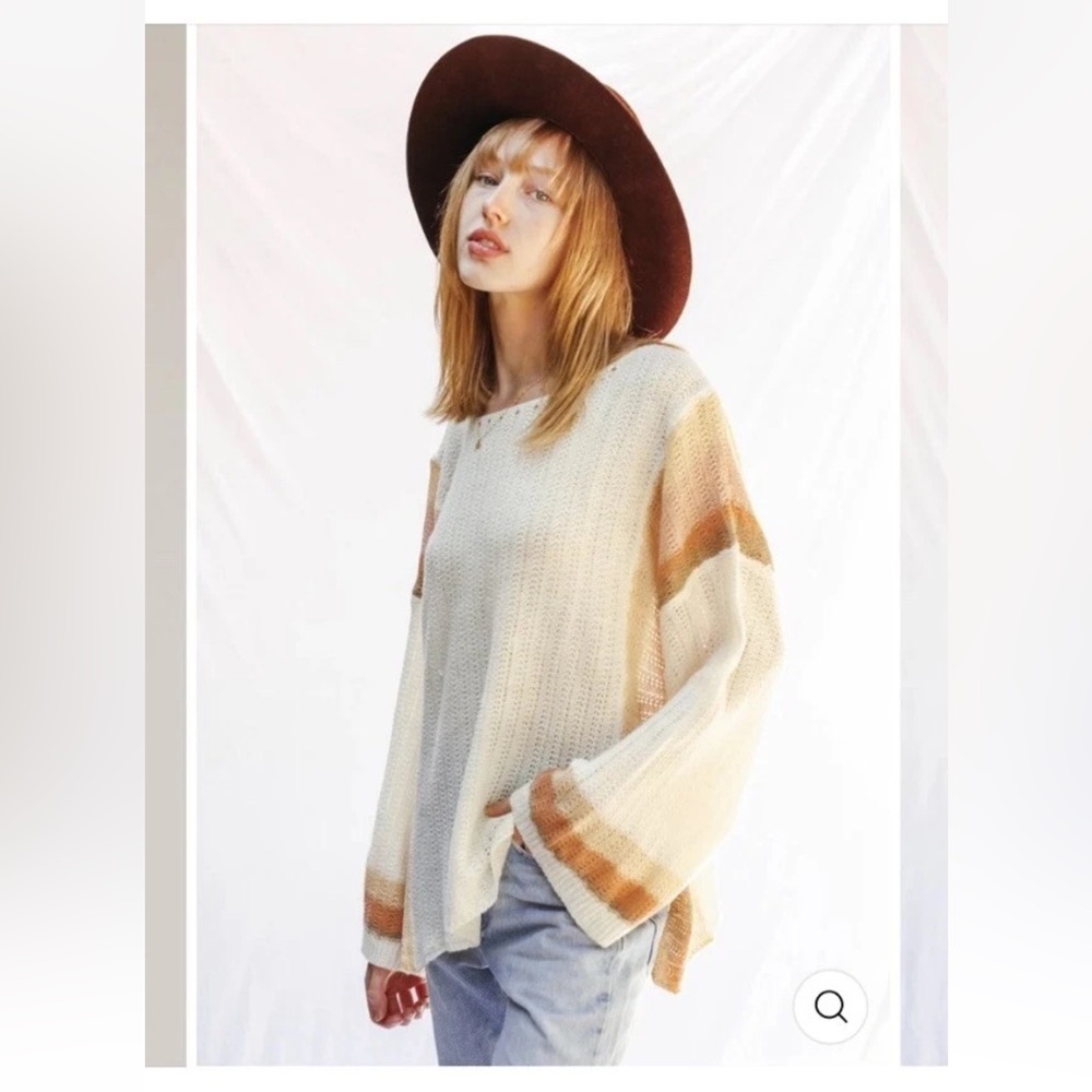 Miss Sparkling Oversized Open Knit Sweater Top Wmns L Earthy Striped Beachy Boho - Picture 3 of 11